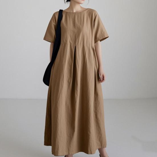 Summer Cotton Linen Dress for Women Short Sleeve Crew Neck A-linen Swing Dress Casual Loose Flowy Beach Sundress with Pockets