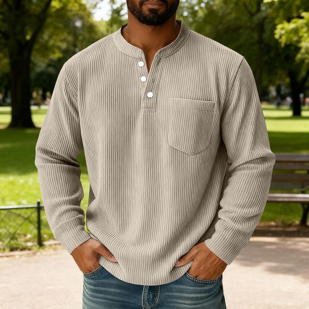 Men's Solid Color Corduroy Three-button Collar Men's Long-sleeved Shirt