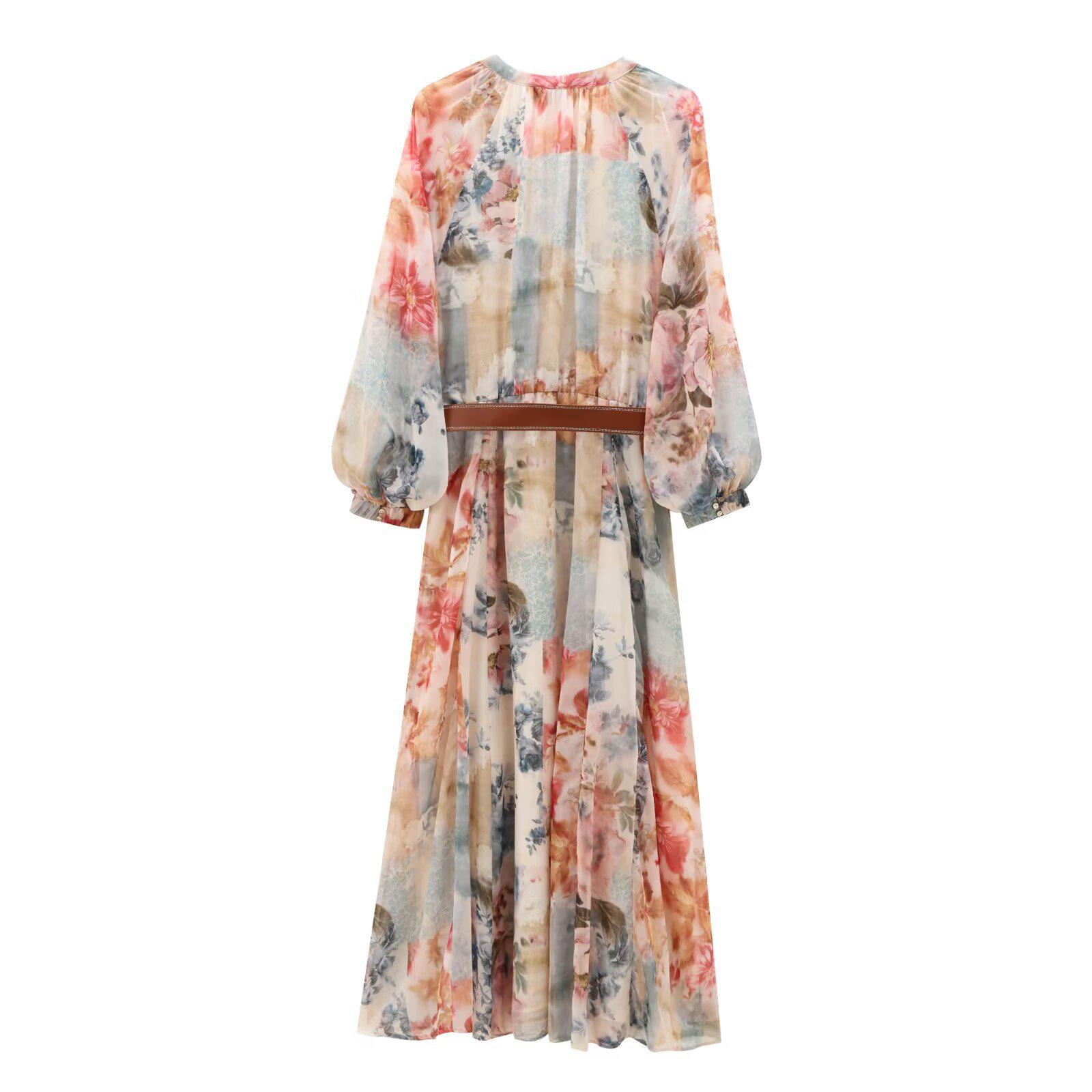 

Миди-платье с V-образным вырезом и цветочным принтом с поясом - Женский европейский и американский стиль Коллекция весна/осень 2025 Large