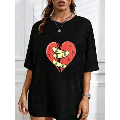 White T Shirt With Heart And Bandage Print For Casual Wear
