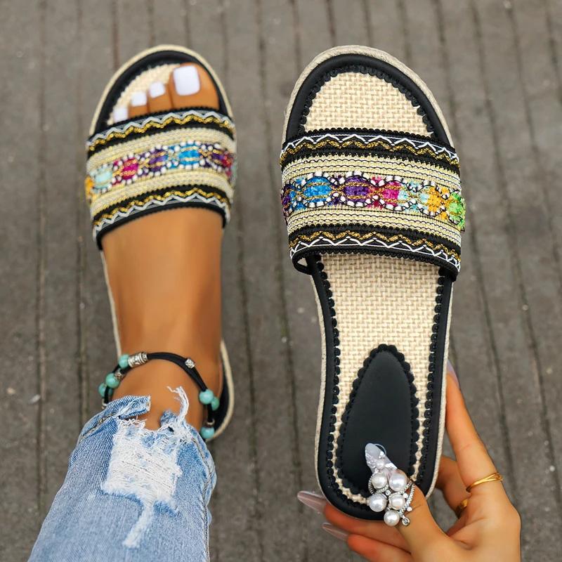 Bottines Chaussons pour Femmes Été Slip on Décontracté Bout Ouvert Strass Plat Semelle Souple Talons Hauts Chaussons pour Femmes