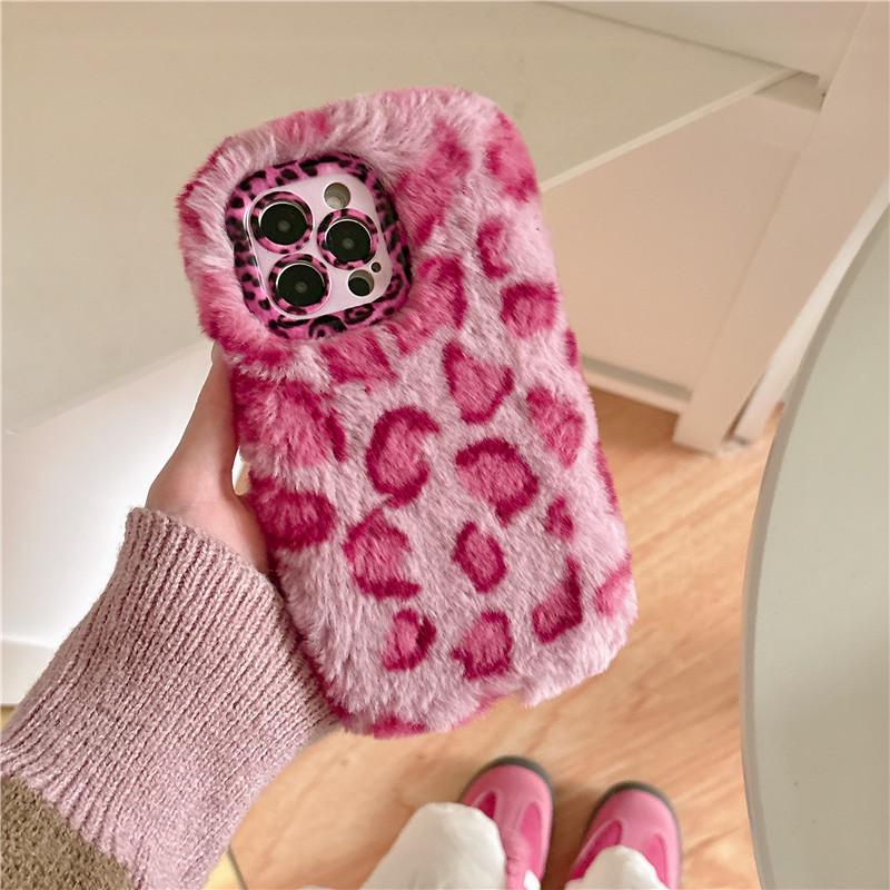 Apple Leopard Print Plush Phone Case - Autumn/Winter Collection, Soft and Trendy with Stand Function. iPhone 11