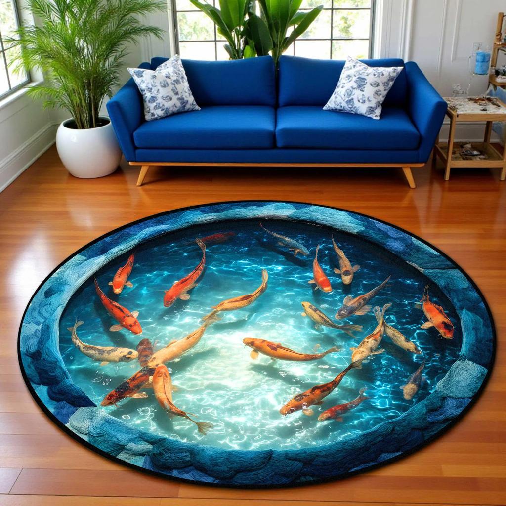 1pc Fish 3D Illusion Effect Pattern Round Rug, Non-slip Floor Mat for Living Room, Bedroom, Bathroom, Holiday Home Decoration