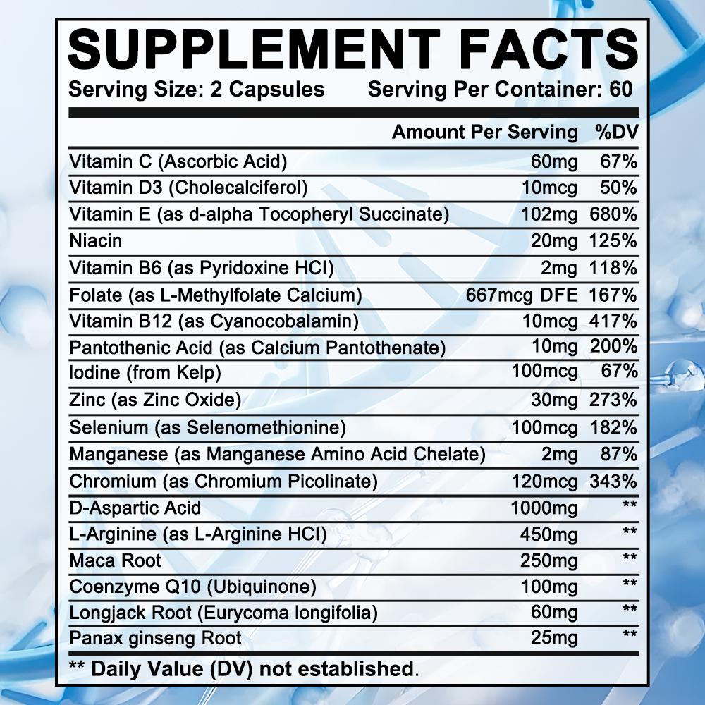 Multivitamins Dietary Supplement, With D-Aspartic Acid, Maca Root, 120 Capsules Per Bottle