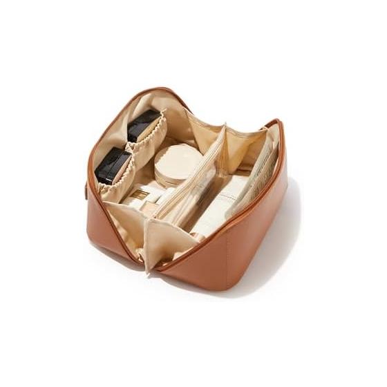 EACHY Travel Makeup Bag, Large Capacity Women s Cosmetic Bag, Waterproof Portable Pouch Open Flat Toiletry Bag Pattern Makeup Bag (Brown, Medium)
