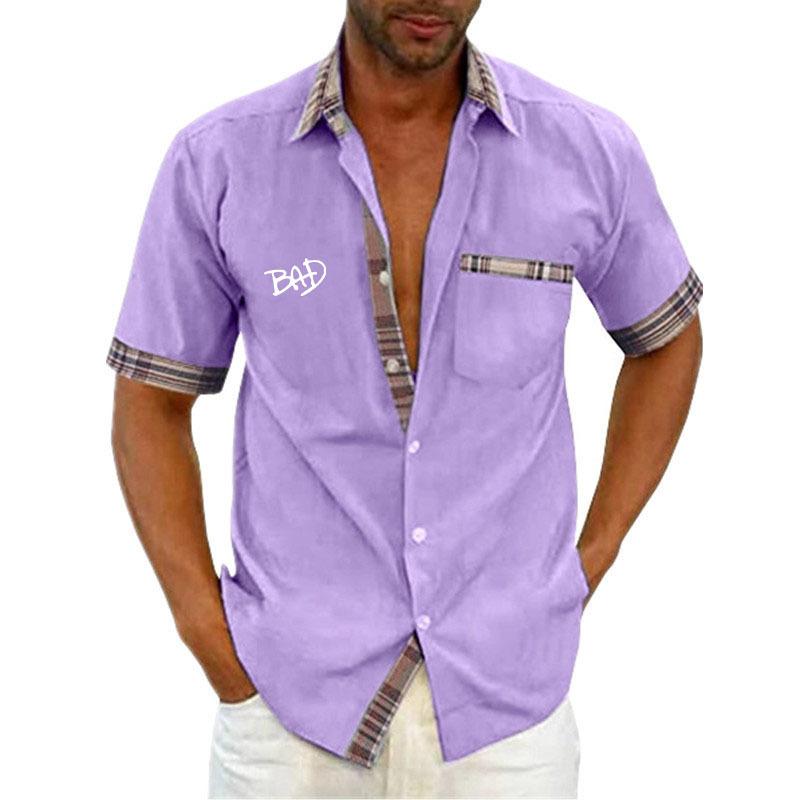Cheap Men's Short Sleeve Casual Shirts Solid Color Letter Print Loose Casual Button Short Sleeve