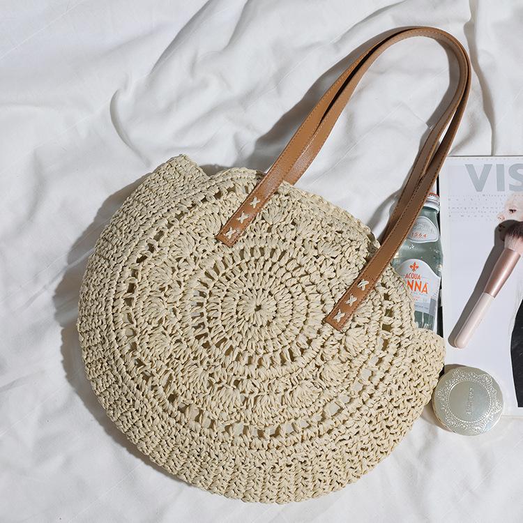 Round Ethnic Style Woven Shoulder Bag - Hollow Paper Rope Tote for Summer Beach and Commute
