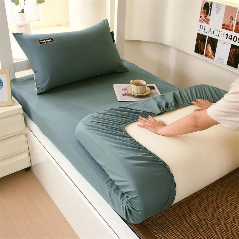 

Cotton Elastic Fitted Sheet Mattress Protector Cover Solid Color Bedspread Bedding 360 Degree Wrap with Queen King Size 80x190x15cm 1pc