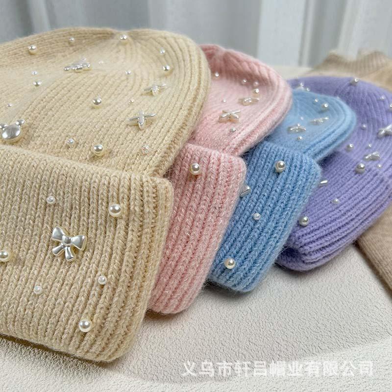 Autumn and winter new bow pearl knitted hat big head circumference thickened rabbit hair blended pullover ear protector wool hat