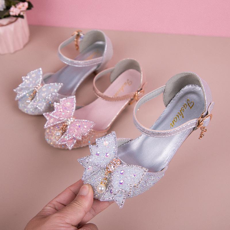Girls Dance Shoes High Heels for Wedding Party Kids Half Sandals Sweet Bows 2025 Summer New Children Princess Shoes Shiny Sequin