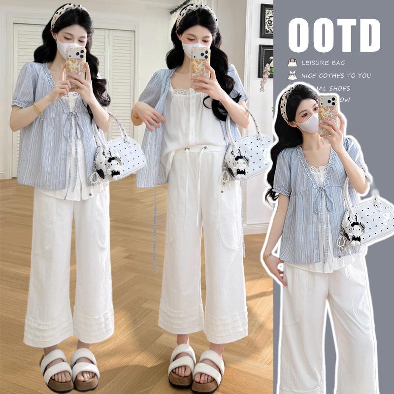 2026 Chic Maternity Set: Elegant Top & Lace Trim Pants M