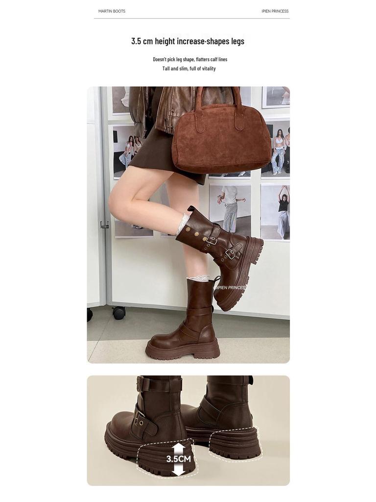 2025 New Women's British Style Martin Boots - Brown Retro Mid-Calf, Perfect for Early Autumn with Skirts
