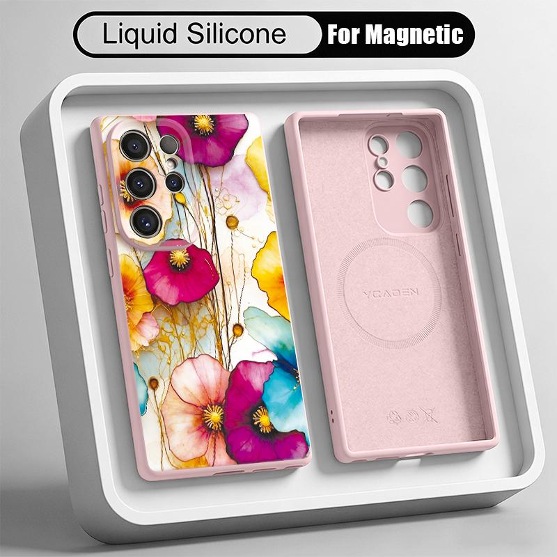 INS Watercolor Floral Case For Samsung Galaxy S26 S25 Ultra S24 Plus S23 S22 Ultra Magnetic For Magsafe Liquid Silicone Cover