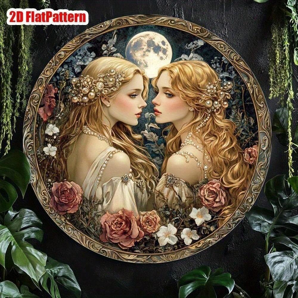 

Vintage Goddess of Inspiration Round Aluminum Wall Art 8x8 Inch Floral Celestial Metal Decor 2D Flat Hanging Medallion 20x20