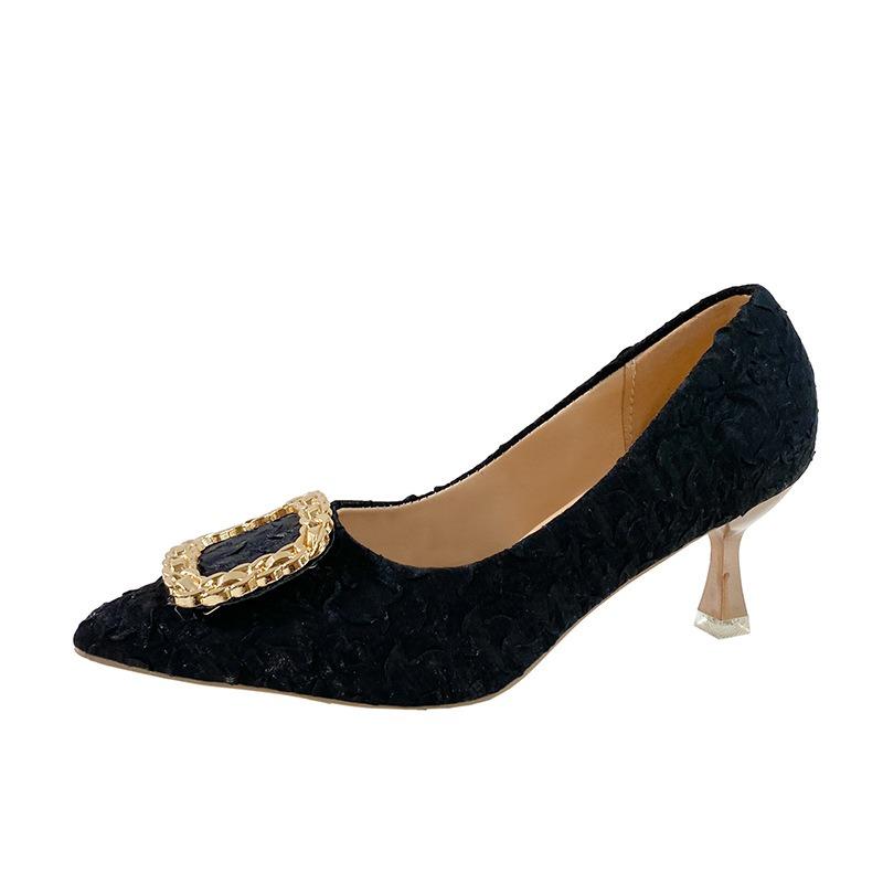 Temperament pointed high heels women's autumn new fashion pleated square buckle shallow mouth stiletto shoes