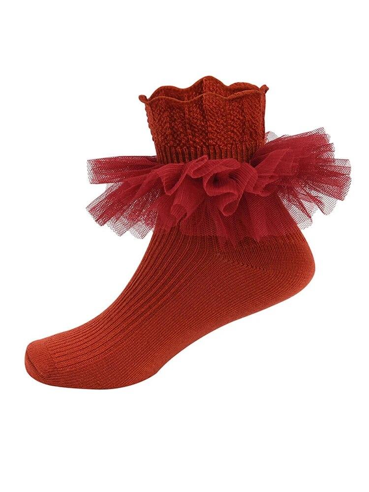

1 пара кружевных однотонных носков для девочек из дышащего хлопка средней длины на весну и осень для милой принцессы красный