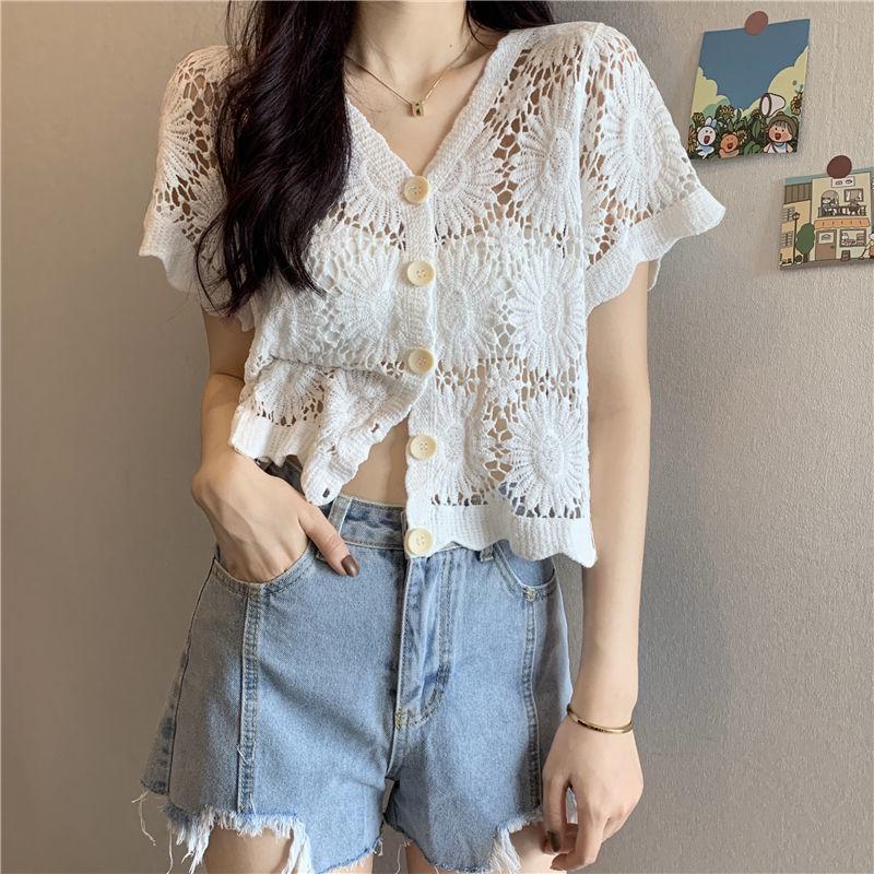 Women's French V-Neck Crochet Knit Cardigan - Chic Summer Fashion, Slimming Loose Fit, Versatile Top