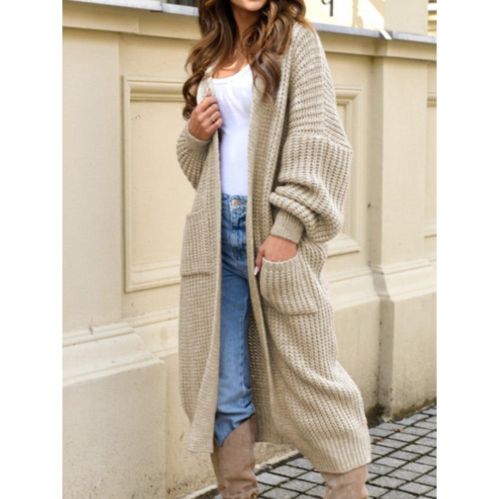 Large-sized Knitted Sweater, Autumn and Winter New Style Loose Pocket Solid Color Long Cardigan for Women
