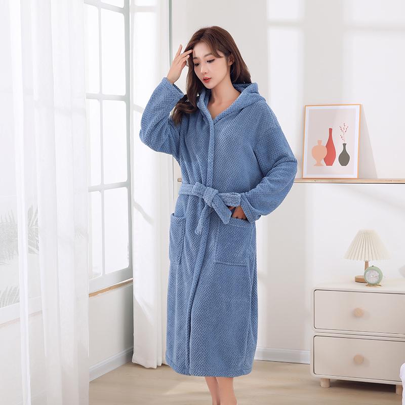 Four Seasons Merbau Hooded Coral Fleece Bathrobe: Thick, Wearable Bath Towel with Cross Tie and Long Sleeves.