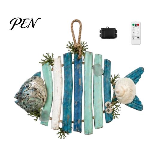 Wooden Fish Wall Hanging Lighted Decor, Rustic Nautical Fishing Wood Sculpture with LED Lights, Camp RV Coastal Ornaments Beach Theme Farmhouse