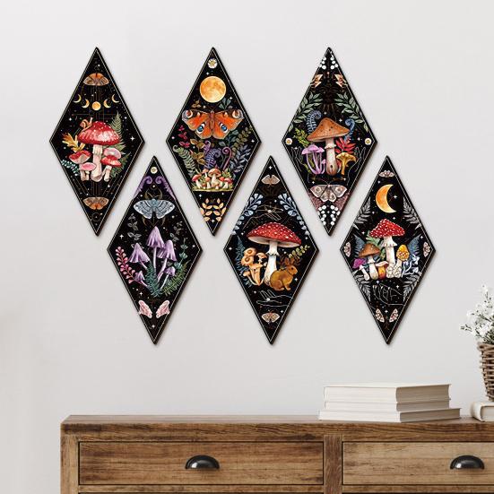 Mushroom Wall Decoration Wooden Bohemian Style Ornament with Artistic Textured Design Wall Art for Living Room Bedroom Decor