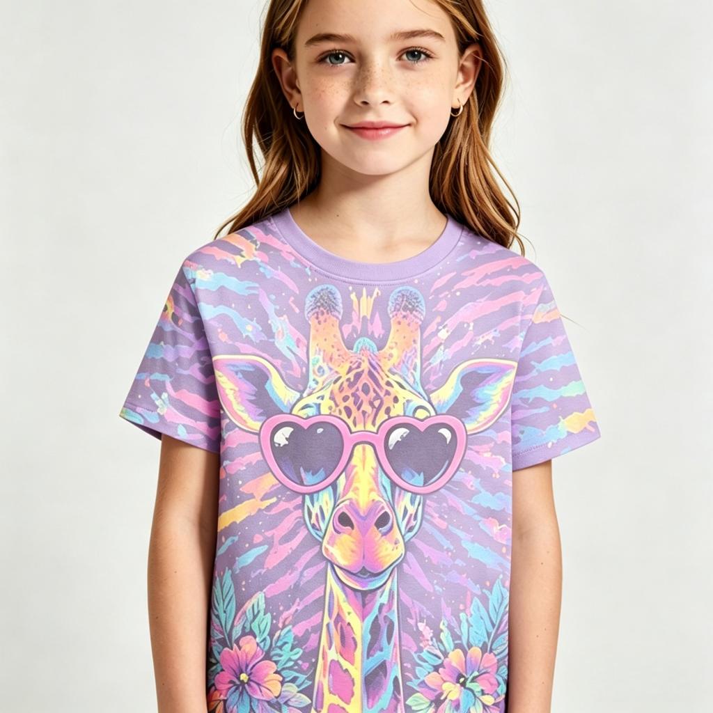 Girls Cool Giraffe Heart Sunglasses Graphic Crew Neck Short Sleeve Tee Fun Party Trip Daily Casual Trendy Streetwear Top