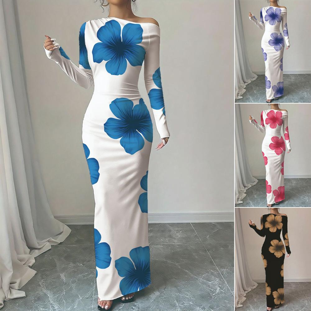 Off-Shoulder Maxi Dress with Asymmetric Neckline and Floral Print, Available In Multiple Colors