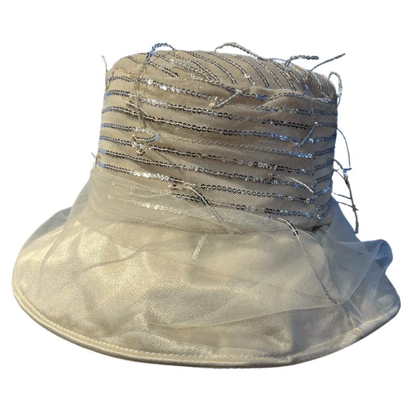 Summer mesh sequined bucket hat women's fashion French Hepburn wind beach vacation sunshade sunscreen mom sun hat