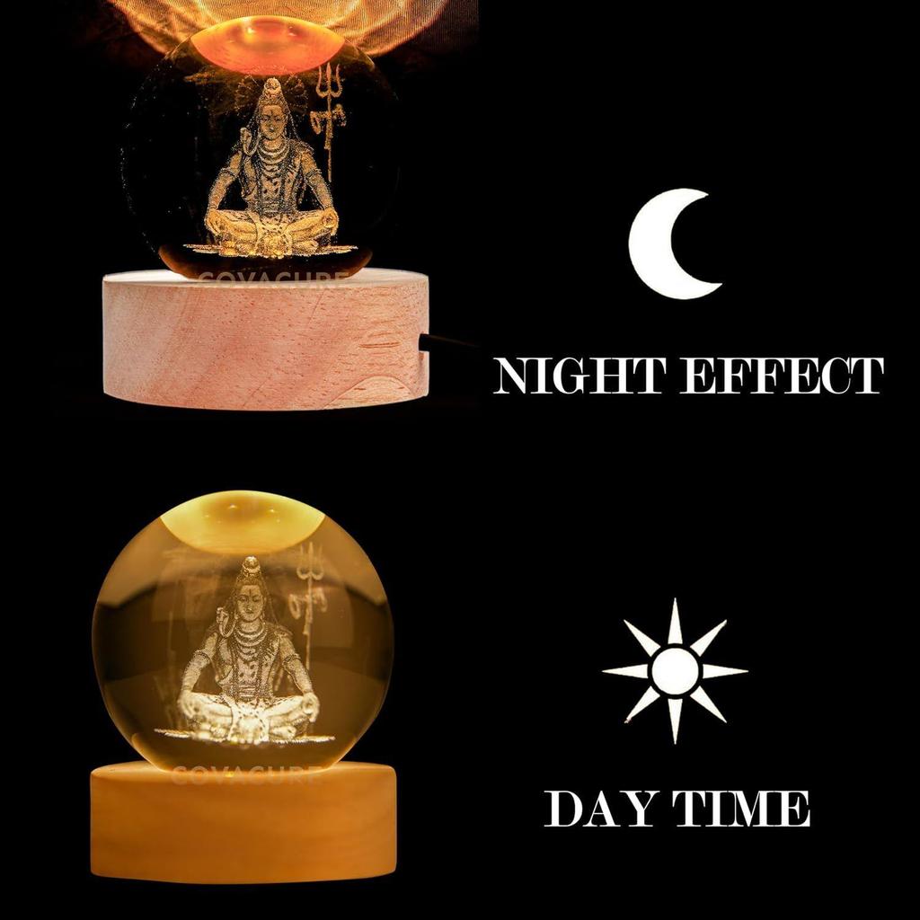 3D Shiv Crystal Ball Night Lamp, Solar System Shiv Idol Crystal Ball Night Light, USB Table Colorful LED Wooden Base Lamp for Home