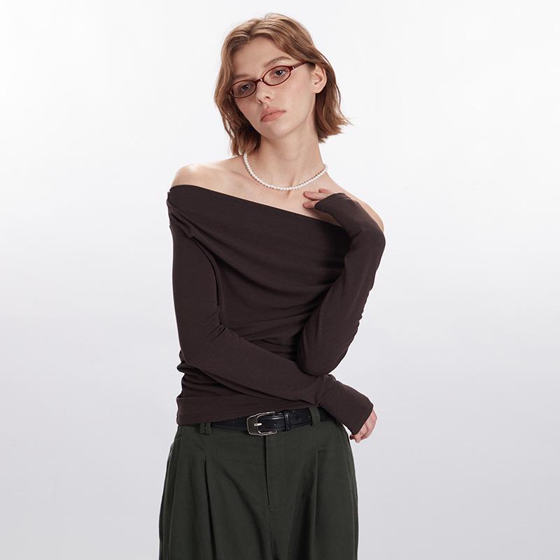 HeyHenry Herbst 2025 Wasserfallausschnitt Ein-Schulter-Top für Damen - Unregelmäßiges Design, Lange Ärmel, Kurzer Stil