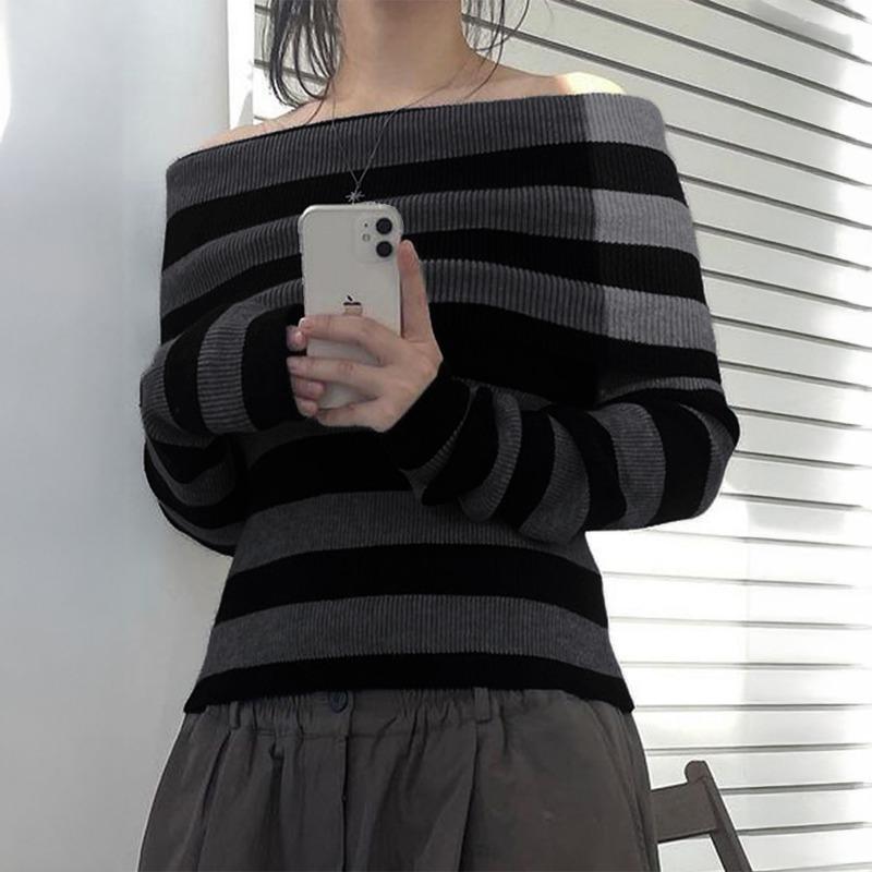 Ležérní Jednoduchý Svetr s Pruhy Odhalená Ramena Dlouhý Rukáv Vlněný Dámské Oblečení 2025 Podzim a Zima Osobnost Pulovr