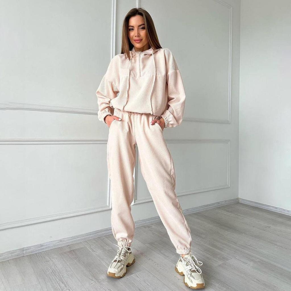 Women Solid Color Long Sleeve Hooded Hoodies Suit Autumn Winter Loose Top Wide Leg Pants