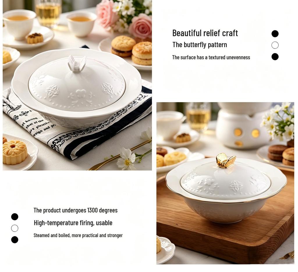 European Gold Rim Ceramic Bird's Nest Dessert Bowl with Lid | Embossed Palace Tureen Set for Sweet Soup