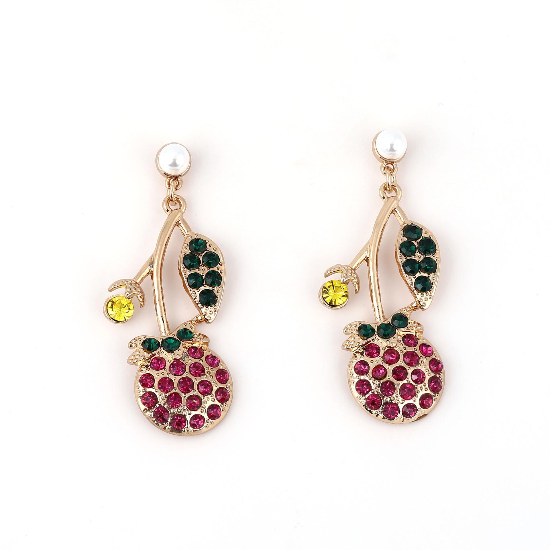 

New fashionable and exaggerated country-style long fruit cherry alloy earrings set with colorful diamonds