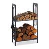 Relaxdays Fireplace Shelf 100x60x30 Cm Log Shelf 2 Tiers Wood Log Holder Log Storage 4 Hooks, Anthracite