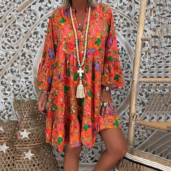 Abito Estivo Stampato Floreale Ampio Casual Scollo a V Manica Lunga Taglie Forti Moda Donna