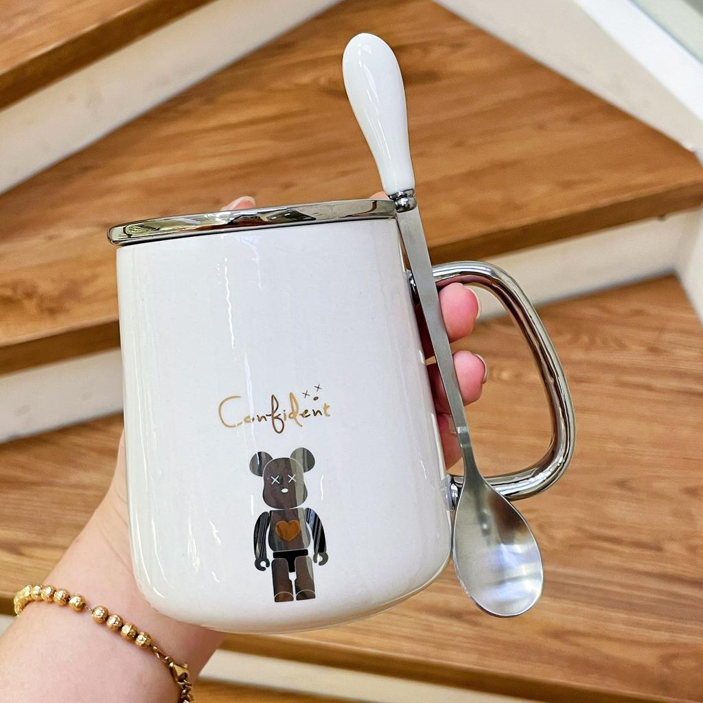Mug with Lid Spoon Ceramic Cup for Women Home Couple Water Cup Office Coffee Cup for Boys Tea Cup High Appearance