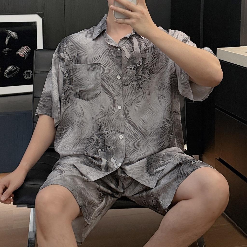 Men's summer thin cotton and silk pajamas set, short-sleeved shorts, printed comfortable home style casual striped loungewear