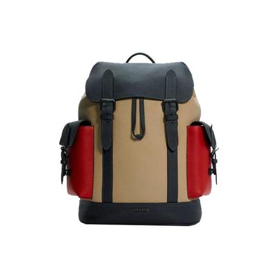 Coach Hudson 30 Große Kapazität Color Block Leder und Canvas Rucksack Herren Rucksäcke Khaki Schwarz Rot C5413-QBT0I