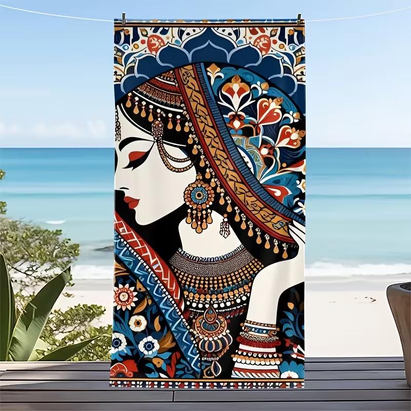 Traditional Geisha Print Beach Towel Vintage Kimono Koi Fish Floral Art Design Beach Blanket Soft Quick Dry Sand Resistant Towel