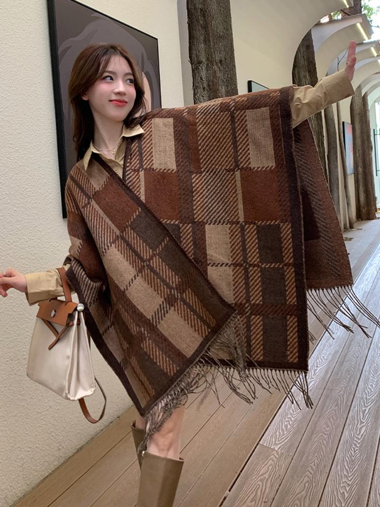 Imitation Cashmere Women Scarf Winter Ladies Vintage Plaid Tassel Poncho Warm Female Wrap Blanket Capa Para Mujer Pashmina Shawl