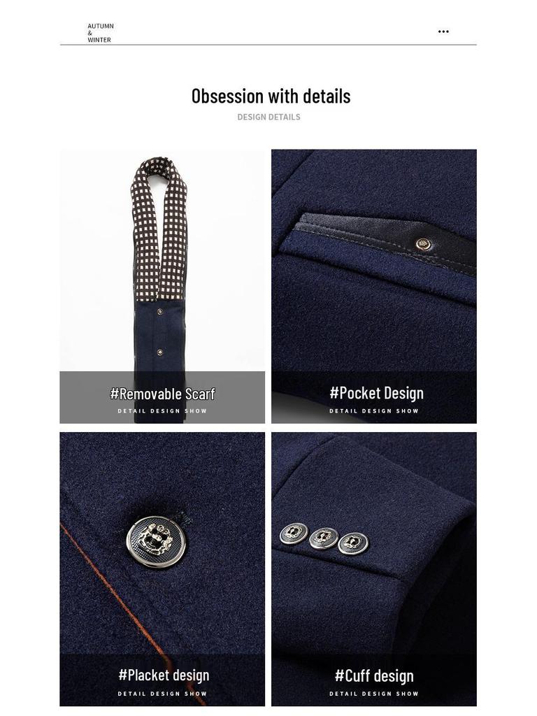 Men's European Size Wool Blend Business Overcoat with Scarf - Autumn/Winter Fashion, Wrinkle-Free Design, Cross-Border Style