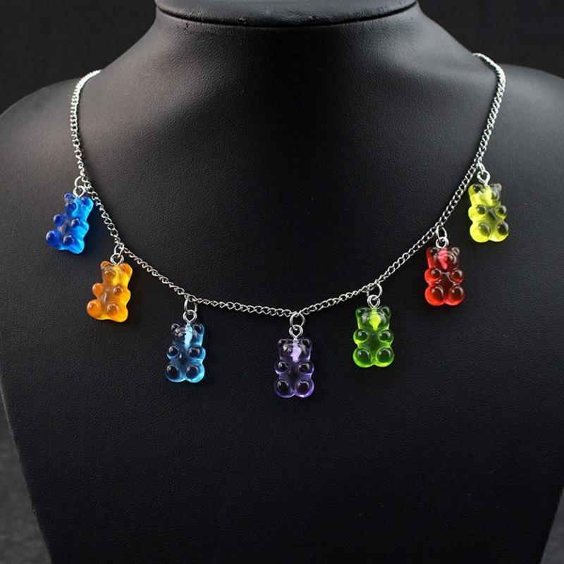 Regenbogen-Süßigkeitenfarbe Bär Halskette Bunter Harz Anhänger Halskette Niedliches Tier Punk Party Schmuck für Damen Mädchen Geschenke