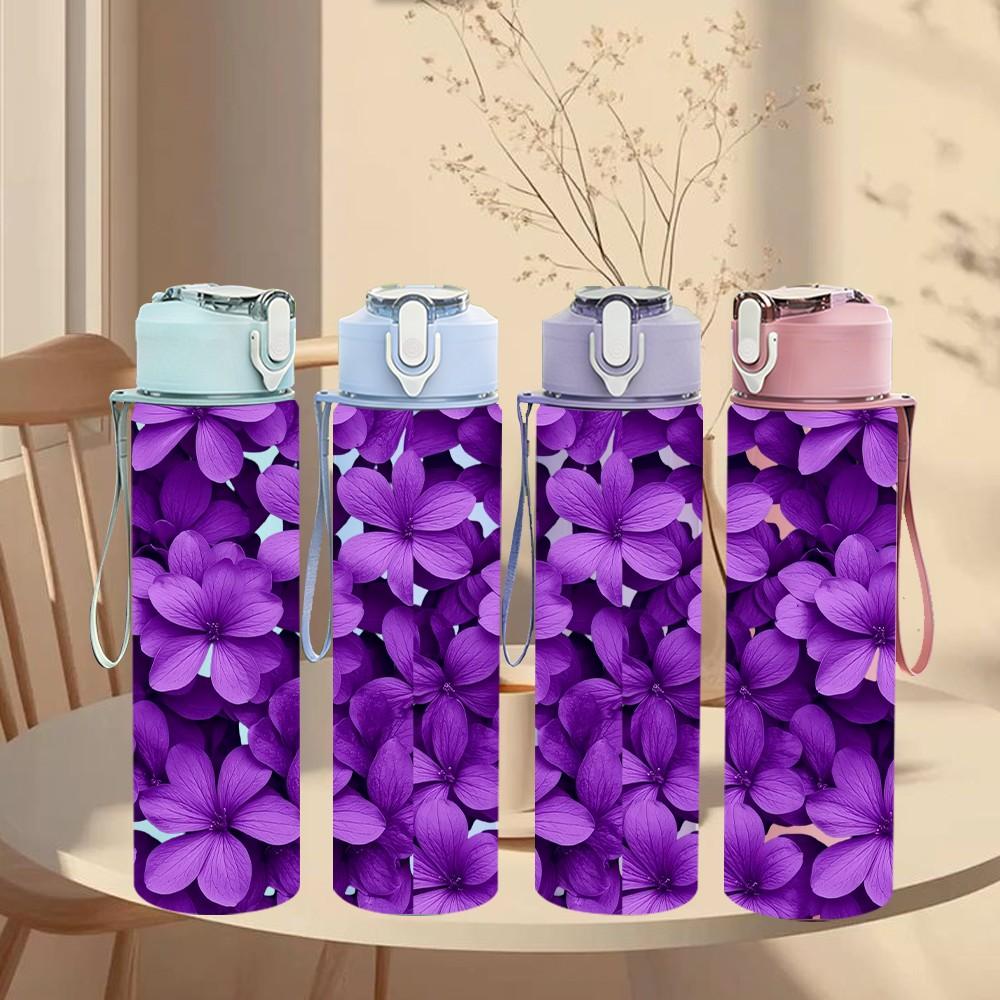 1PC Dense Purple Lilac Flower Cluster Print 750ml Color Plastic Sports Water Bottle Leakproof Flip Straw Lid Suitable for Sports Office Home Use