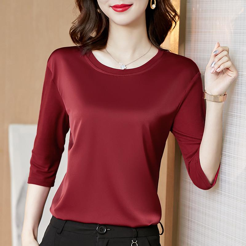 

Женская футболка с рукавом семь восьмых из сатина и ацетата - Коллекция Весна 2025, Модальный круглый вырез, Модная и универсальная. L красный/вишня