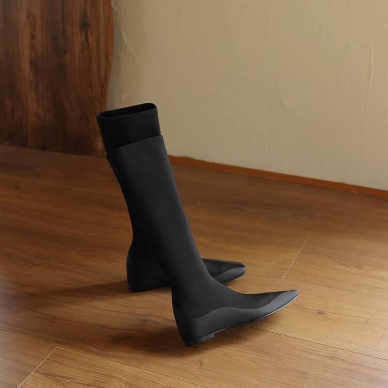 Autumn and winter elastic high boots rubber sole wedge heel large size women's boots solid color sleeve new medium heel square head fashion boots