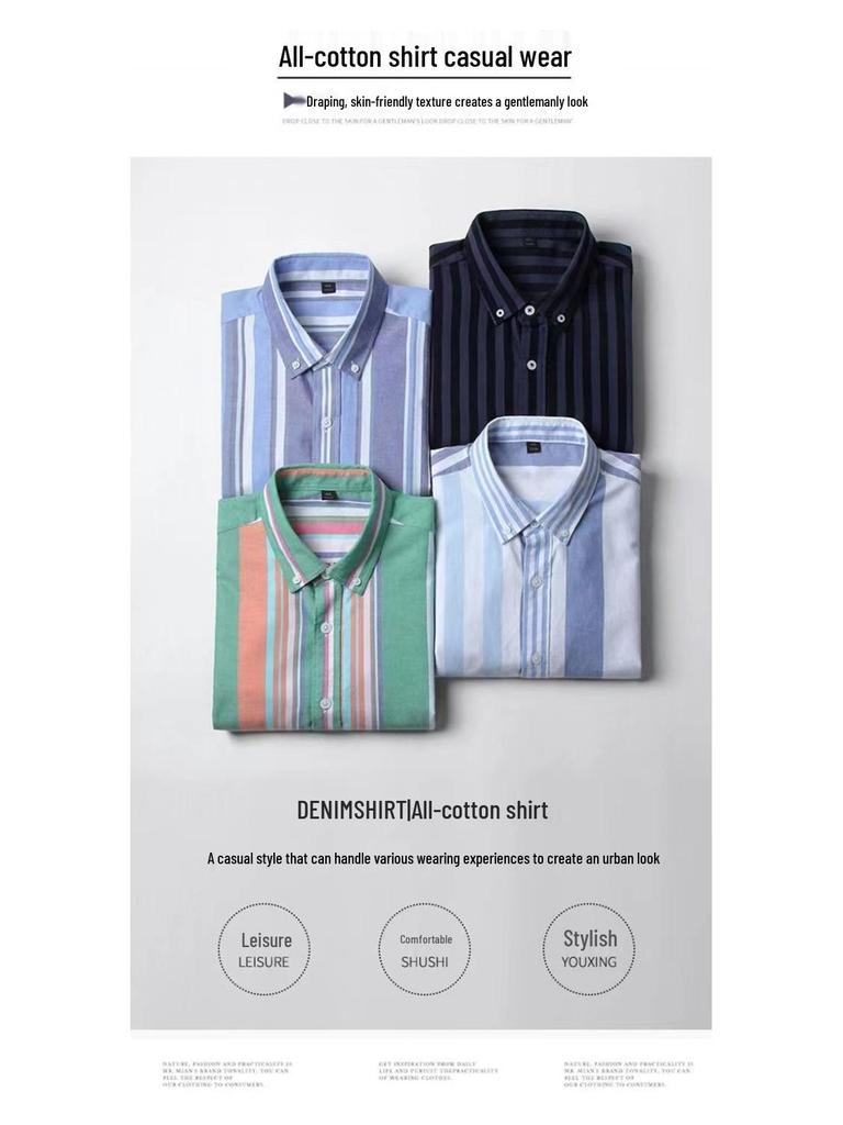 Męska koszula bawełniana w paski z długim rękawem - Casualowa moda tkanina Oxford