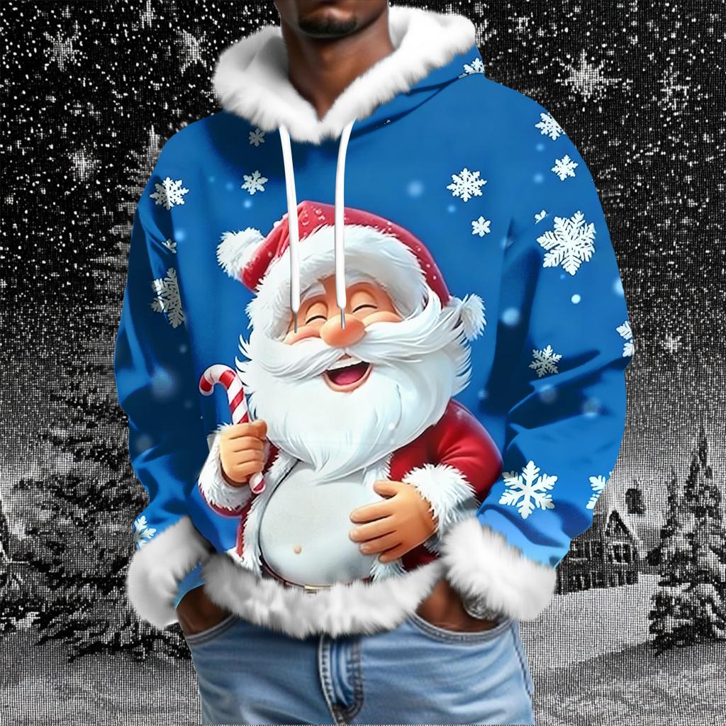 Men's Christmas Printed Lined Hoodie | Faux Trim Party Sweatshirt With Pocket | Plus Size Loose Fit Holiday Pullover