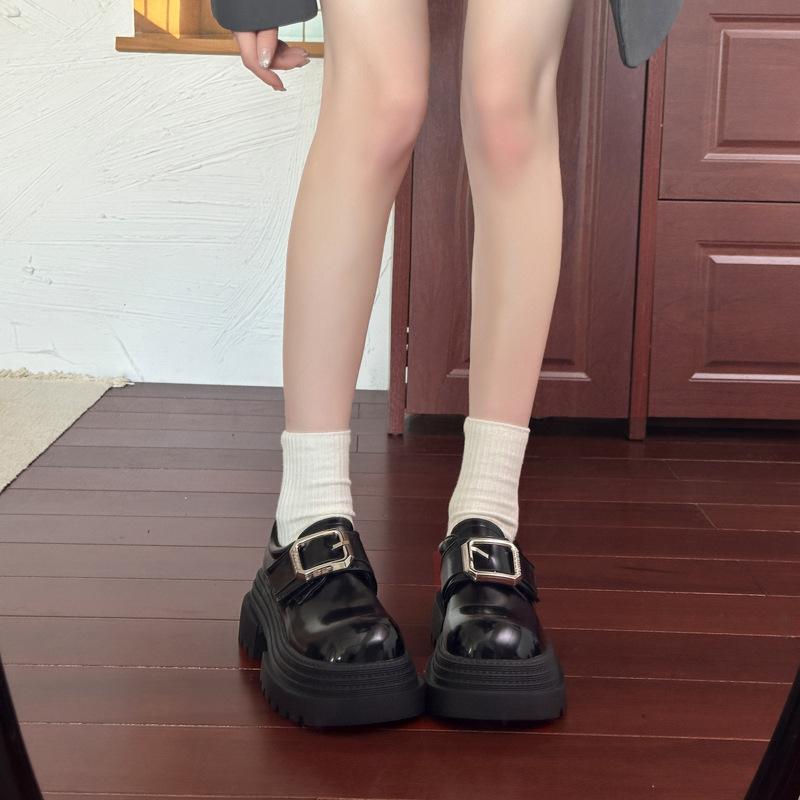 Thick-soled Thick-heeled Small Leather Shoes for Women's 2025 Autumn and Winter New British Style Polished Single Shoes Muffin Bottom Square B