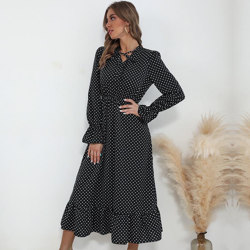 European & American Long-Sleeved Pleated Polka Dot Dress - Autumn/Winter 2022